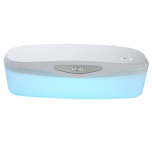 White and grey ultraviolet sterilization box with a glowing blue interior, ideal for sanitizing small items.