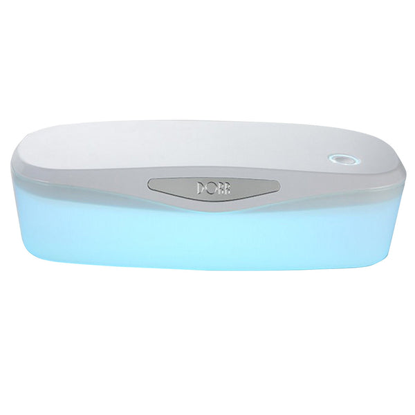 White and grey ultraviolet sterilization box with a glowing blue interior, ideal for sanitizing small items.