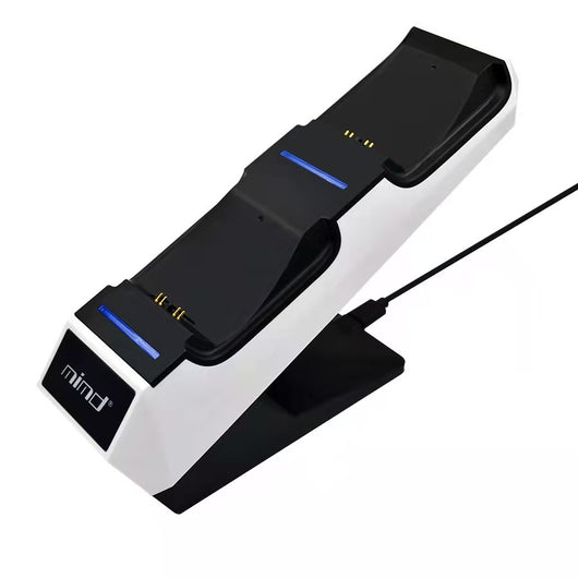 White and black dual charging station for PS5 game controllers with blue LED indicators and 'mind' logo. - Image 5