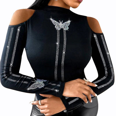 Blusa Strapless Negra con Mangas Largas y Detalles de Mariposas - Image 8