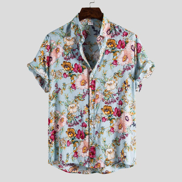 Camisa Floral Suelta de Algodón para Hombre con Solapa