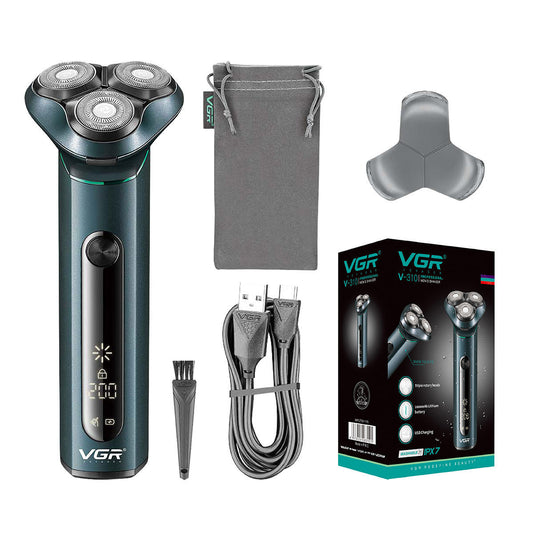 VGR men's electric rotary shaver with a dark teal metal body, LCD display, and three shaving heads. Includes USB cable, cleaning brush, travel pouch, and protec - Image 2