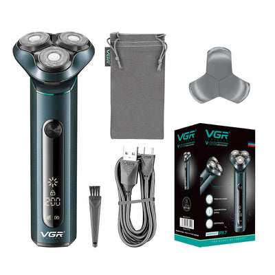 VGR men's electric rotary shaver with a dark teal metal body, LCD display, and three shaving heads. Includes USB cable, cleaning brush, travel pouch, and protec - Image 2
