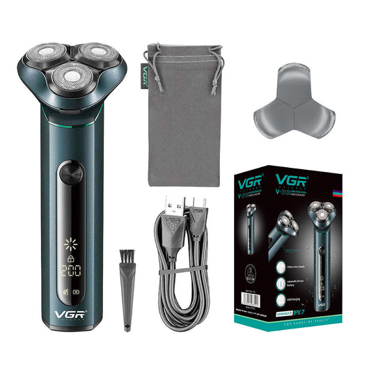 VGR men's electric rotary shaver with a dark teal metal body, LCD display, and three shaving heads. Includes USB cable, cleaning brush, travel pouch, and protec - Image 2