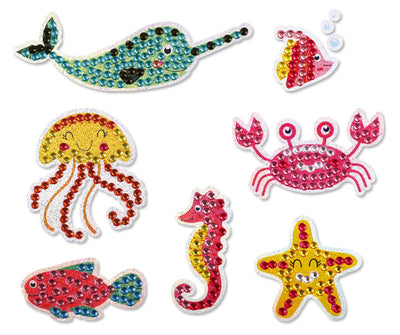 Cartoon diamond painting stickers featuring a narwhal, jellyfish, crab, fish, seahorse, and starfish with colorful resin gems. - Image 11