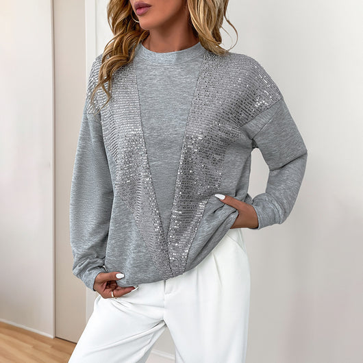 Sudadera Suelta con Cuello Redondo y Lentejuelas Combinadas para Mujer - Image 2