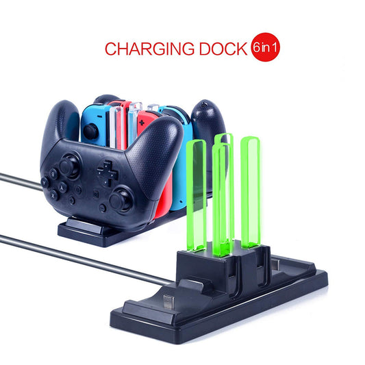 Black charging station for Nintendo Switch, capable of charging 4 Joy-Cons and 2 Pro controllers simultaneously.