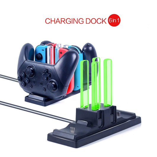 Black charging station for Nintendo Switch, capable of charging 4 Joy-Cons and 2 Pro controllers simultaneously.