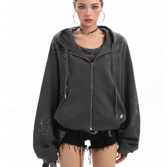 Cardigan con Capucha y Strass para Mujer - Sudadera Brillante con Cierre