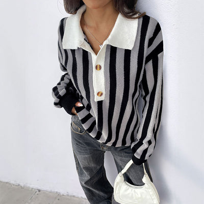 Suéter Unisex de Rayas Verticales con Cuello Solapa - Tejido Cálido para Otoño e Invierno - Image 3