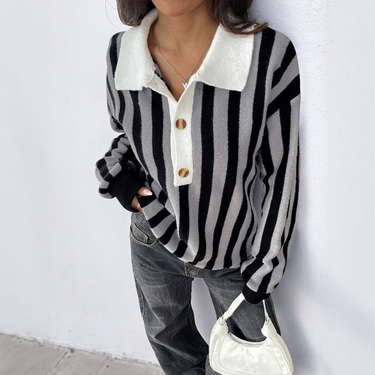 Suéter Unisex de Rayas Verticales con Cuello Solapa - Tejido Cálido para Otoño e Invierno - Image 3