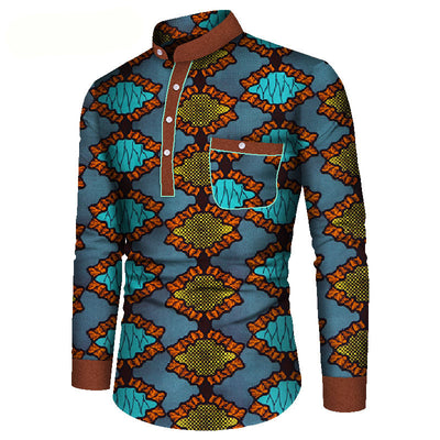 Camisa Casual de Manga Larga Estampada Africana para Hombre - Image 7