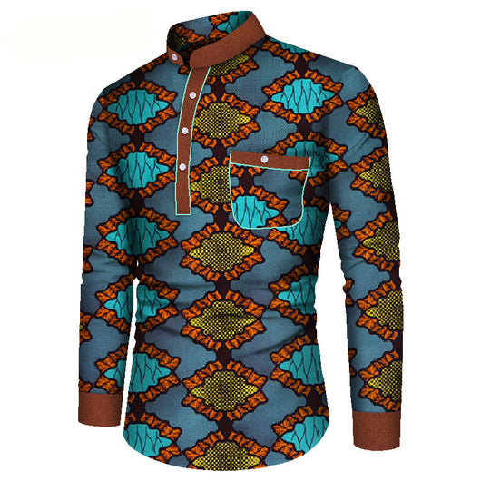 Camisa Casual de Manga Larga Estampada Africana para Hombre - Image 7