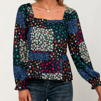Blusa Casual con Cuello Cuadrado, Mangas Volantes y Flores Pequeñas - Image 3