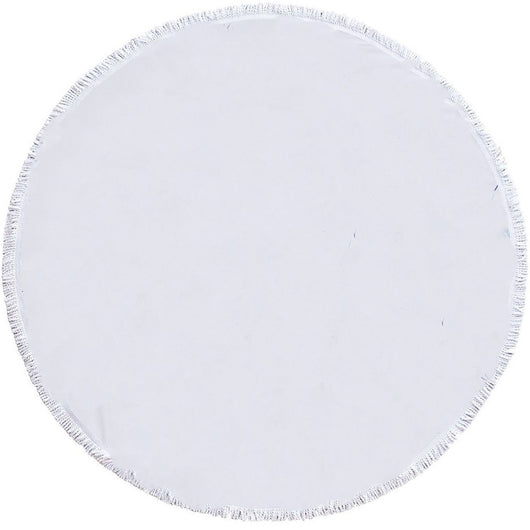 Round white microfiber beach towel with a vibrant blue and purple feather print and white fringe trim. - Image 10