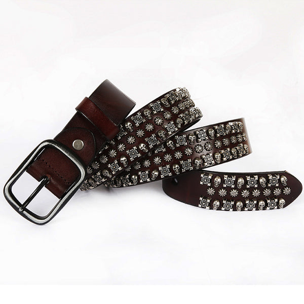 Cinturón de Cuero Genuino para Hombre Estilo Punk con Remaches y Calavera