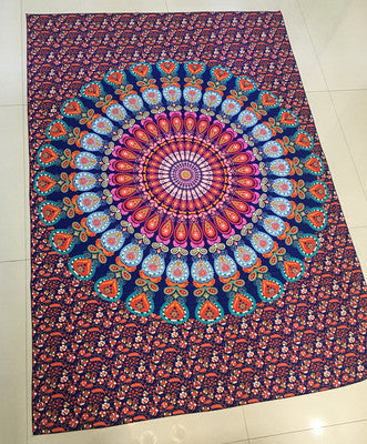 Large blue mandala hanging cloth with a detailed circular pattern and floral borders, made of chemical fiber. - Image 10
