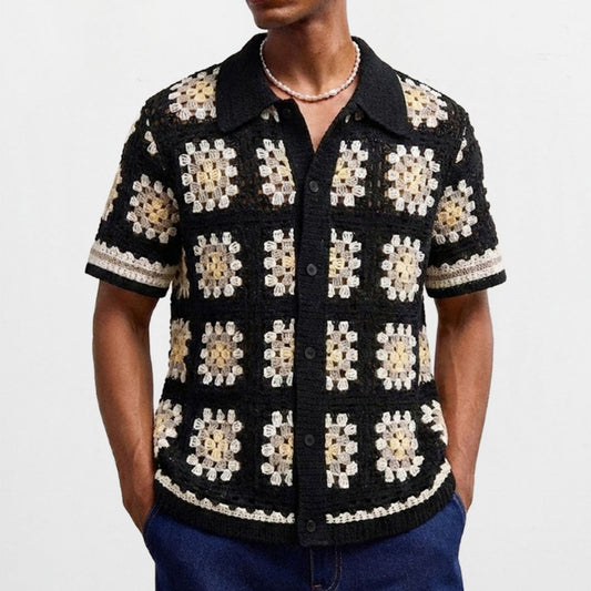 Suéter de Punto Calado con Contraste de Colores de Manga Corta para Hombre