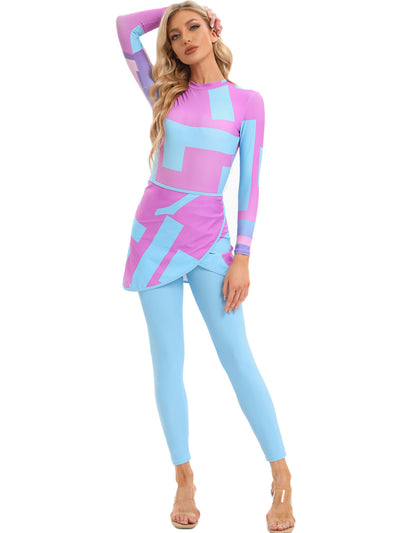 Blue tie-dye conservative beach swimsuit with long sleeves, full-length leggings, and a sheer sarong-style skirt. - Image 4
