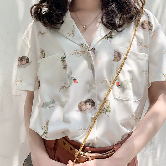 Blusa Retro Escote V Manga Corta en Gasa