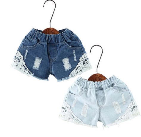 Shorts de Mezclilla Infantil Estilo Coreano con Encaje - Pantalones Cortos para Niñas