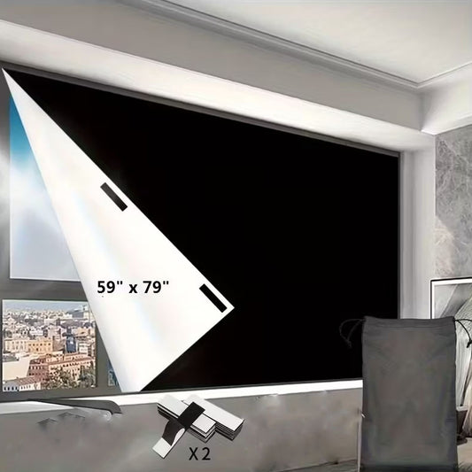 Black portable sunshade curtain partially installed on a window, showing a city view, with adhesive strips and a storage bag.