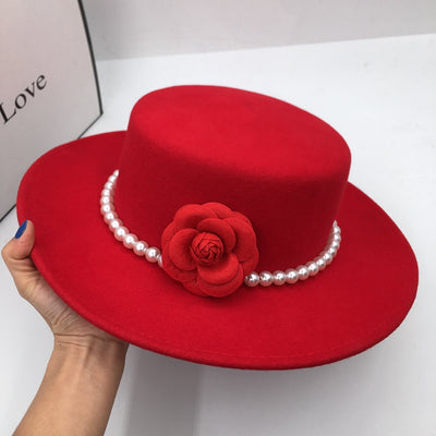 Sombrero de Ala Ancha Tweed Rojo con Detalles Florales Elegante - Image 2