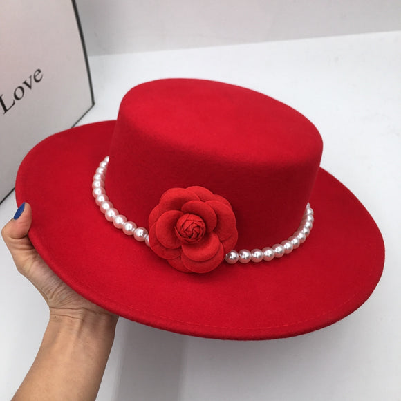 Sombrero de Ala Ancha Tweed Rojo con Detalles Florales Elegante