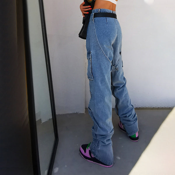 Jeans Talle Alto Cintura Elevada con Bolsillos Grandes Corte Recto