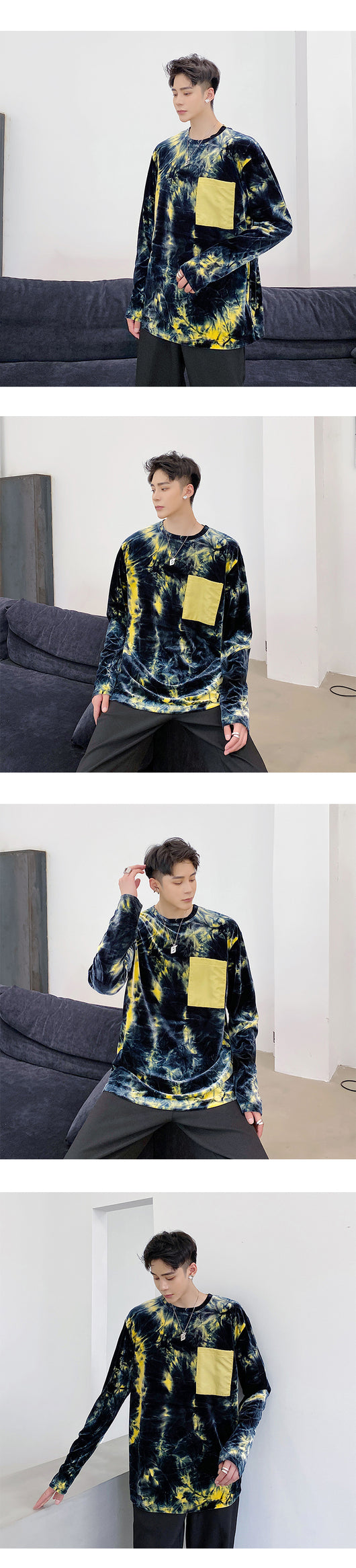 Playera Manga Larga Tie-dye Dorado en Terciopelo para Hombre - Image 8