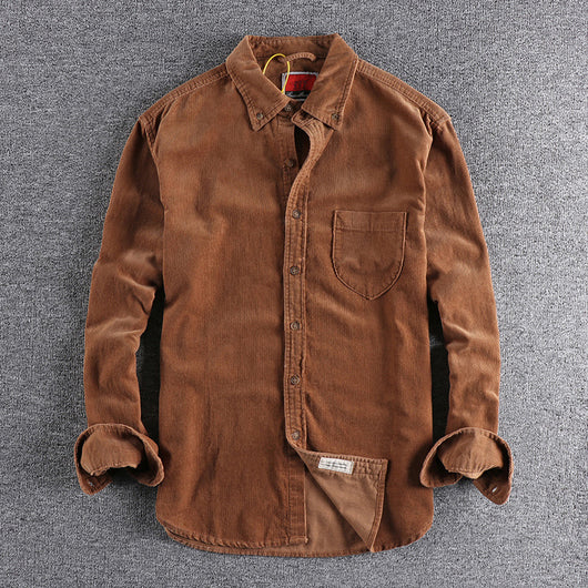 Camisa de Pana Manga Larga Retro con Combinación de Colores para Hombre - Image 7