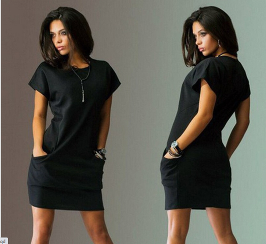Vestido Camiseta Ajustado Negro y Azul con Bolsillos - Manga Corta Casual para Mujer - Image 5