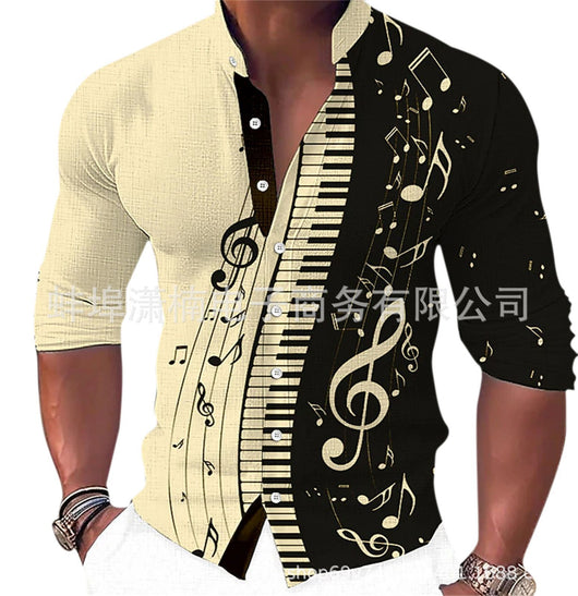 Camisa Casual Estampado Musical con Cuello de Pie Manga Larga para Hombre - Image 5
