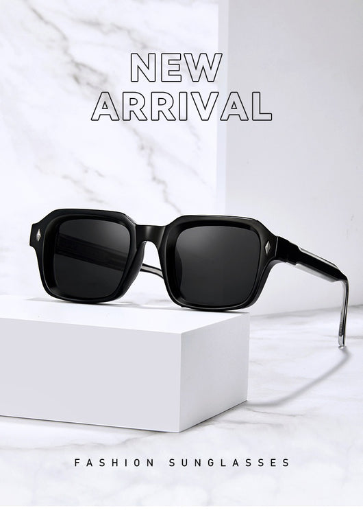 Black square-frame sunglasses with dark lenses and small silver diamond accents on the temples. - Image 24