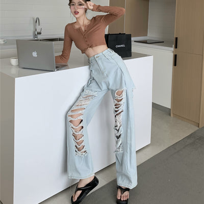 Pantalón Roto de Cintura Alta Ancho y Suelto - Image 3