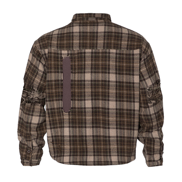 Camisa Xadrez Manga Longa Masculina Punk Rasgos e Patches