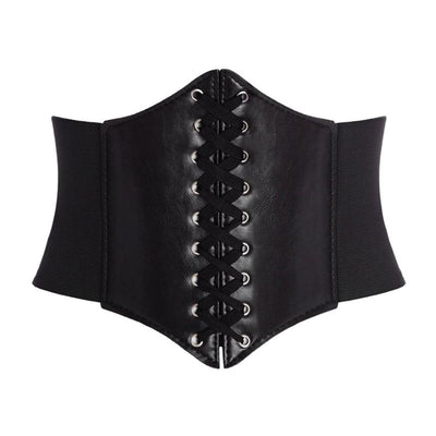 Red wide waist belt with a lace-up front design and elasticated sides, perfect for cinching the waist. - Image 9