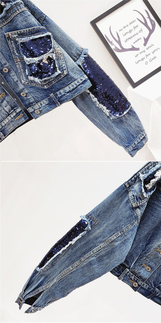 Chaqueta Denim Corta con Lentejuelas para Mujer - Manga Corta Estilo Industrial - Image 9