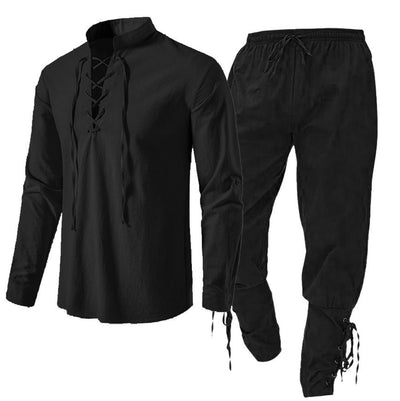 Conjunto de Dos Piezas: Camisa Casual de Lino y Algodón Manga Larga Color Sólido - Image 24