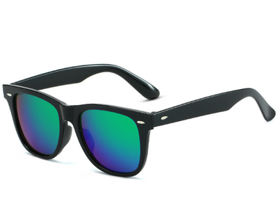 Black Wayfarer-style sunglasses with silver mirrored lenses and small gold accents on the frame. - Image 6