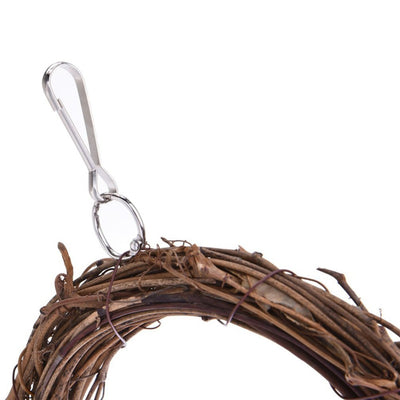 Rattan parrot swing with three silver bells, featuring a metal hook for hanging in a bird cage. - Image 3