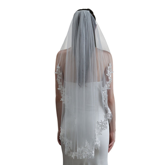 Velo de Novia Elegante Encaje Blanco Monocapa Europeo - Image 5
