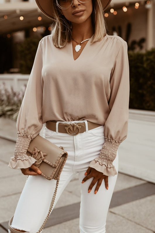 Blusa Elegante de Cuello en V con Puños Adornados en Color Puro - Image 3