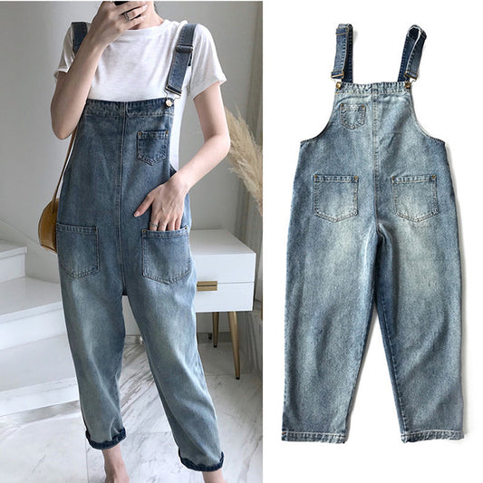 Pantalones Denim Cropped Vintage Holgados con Tirantes para Mujer