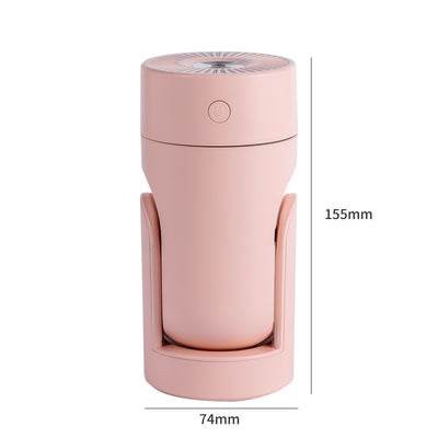 Pink portable USB humidifier with a cylindrical design and a rotating base, measuring 155mm tall. - Image 3