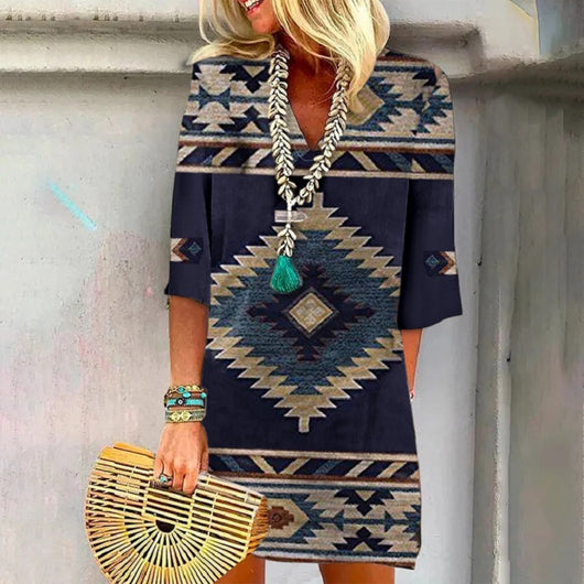 Vestido Suelto Estampado con Escote en V y Manga Corta para Mujer - Image 3