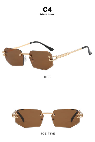 Rimless octagonal clear lens glasses with silver-toned metal temples and black ear tips, featuring decorative accents. - Image 16