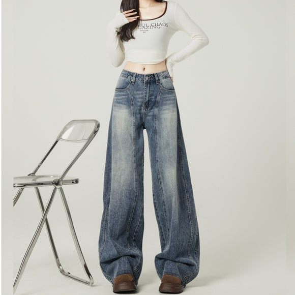 Calça Jeans Feminina Wide Leg Cintura Alta Azul Vintage Retrô