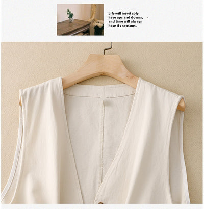 Chaleco Retro Coreano Mujer en Algodón y Lino - Image 10
