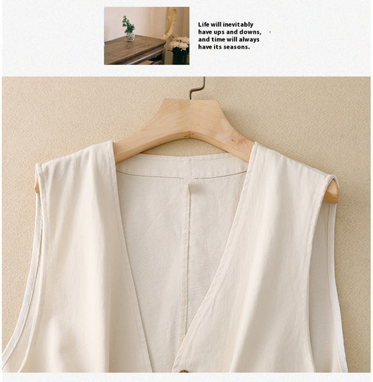 Chaleco Retro Coreano Mujer en Algodón y Lino - Image 10